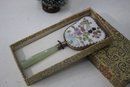 Vintage Chinese Porcelain Enamel Hand Mirror With Jade Handle In Original Box