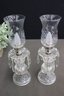 Pair Of Crystal Mantel Candelabra Lamps With Prisms Dangles  And Etched Hurrican Shades