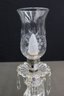 Pair Of Crystal Mantel Candelabra Lamps With Prisms Dangles  And Etched Hurrican Shades