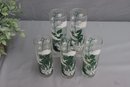 5 Vintage Mid-Century Floral Motif Glassware -Green & White Clear Glass