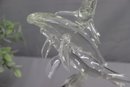Clear Art Glass Figurine Of Three  Dolphins On Marble Base