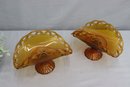 Pair Of  Large Amber Gold Indiana Glass Banana Boat Stand With An Open Lattice Rim On A Pedestal Base.
