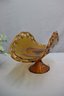 Pair Of  Large Amber Gold Indiana Glass Banana Boat Stand With An Open Lattice Rim On A Pedestal Base.