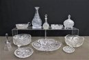 Group Lot Of Elegant Cut Glass Plates, Bowls, Decanters, And Bell