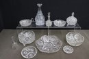 Group Lot Of Elegant Cut Glass Plates, Bowls, Decanters, And Bell