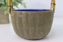Rattan Handle Stoneware Bowl With Uguisucha Hue Fluted Outside And Cobalt Blue Interior, Signed Bottom