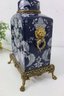BLUE & WHITE Asian Style Decorative Lamp Mounted Metal Base And Lion Head Ring Handles