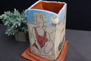 Beach Portrait Surround Painted Terra Cotta Sculptural Column Vase, Signed And Dated McGee, 1994