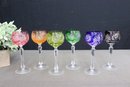 Group Of 6 Stunning Stemmed Goblets Multi-Colored Cut To Clear Bohemian  Art Glass