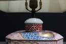 Japanese Satsuma-style Porcelain Box Lamp With Linen Shade
