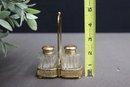 Double Flute Cut Glass Salt & Pepper Shakers In Reticulated  Brass-tone Caddy