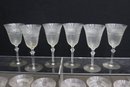 Group Lot Of Pressed Glass Flower Banded Wine Goblets And Martini Coupes