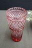 Vintage Cranberry Cut To Clear Glass Vase With Ornate Cut-In Design Patterns