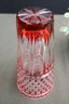 Vintage Cranberry Cut To Clear Glass Vase With Ornate Cut-In Design Patterns