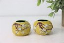 Chinese Sphere Molded Porcelain Yellow Glaze & Floral Applique Enamel Brush Wash Pot