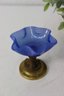 Hand Blown Cobalt Blue Glass Coupe On Intertwined Dragonfish Bronze Base