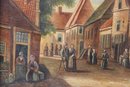 Vintage Dutch Town Promenade Oil On Wood, Signed Lower Right