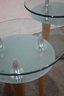 Clear And Frosted Glass Disc Side Tables On Three Large Wooden Pin Legs