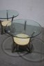 Pair Of Glass And Wood Side Tables On Brushed Metal Tripod Bases