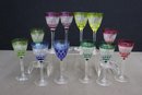 Group Lot Of 12 MCM Hand-Cut Crystal Wine Goblets, 6 Different Color Pairs, (style Mismatch On Blue Pair)