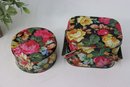 Two (2) Bold Flowery Decorated Tin  Boxes - Round Box And Rectangle Box With Handles
