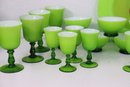 MCM Big Group Lot: Vintage Murano Chartreuse & White Cased Glass Goblets And Bowls