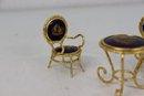 Cobalt/Gold Miniature Table & Chairs With Limoges Porcelain Plaques & Gilt Wire