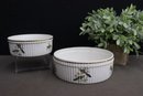 Two (med. And Lg.) Pillivuyt Porcelain Exotic Bird Fluted Baking Dishes