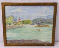 Framed Vintage Watercolor Riverscape With Rowboat