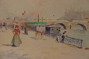 Framed Vintage Watercolor Of Bridge And Promenade, Signed LR