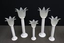 Group Lot Of 5 Frosted Glass Flower Bloom And Ceramic Column Candle Sticks