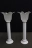 Group Lot Of 5 Frosted Glass Flower Bloom And Ceramic Column Candle Sticks
