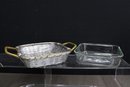Three Woven Aluminum Baker Presentation Table Baskets - Two With Pyrex Inserts