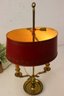 Brass Double Candelabra Lamp With Red & Gold Shade