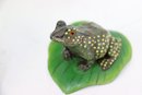 Three Spotted Frogs On Lily Pads Painted Resin Figurines
