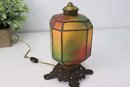 Vintage Leaded Stained Glass Coach Light On Metal Base Accent Lamp