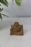 Pair Of Carved Green And Ochre Soapstone Laughing Buddha Small Figurines
