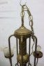 Vintage Brass Barber Pole Swan Arm Five Light Chandelier With Frosted Glass Ruffle Shades - Missing One Shade