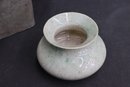 Artisan Signed Speckle Over Celadon And Cream Stoneware Low Vase