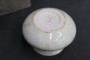 Artisan Signed Speckle Over Celadon And Cream Stoneware Low Vase