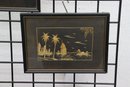 Two Folk Craft Waterscapes Created With Rice Straw On Black Fabric