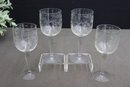 Group Of 4 Etched Flower And Vine Wine Glasses