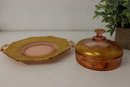 Vintage Amberina Carnival Glass Pedestal Compote AND Tripartite Domed Serving Dish And Tray
