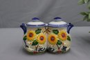 Group Lot Of Italian Pottery Sunflower And Ducks Double Canister, Lidded Biscotti Jar, Creamer & Sugar