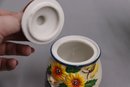 Group Lot Of Italian Pottery Sunflower And Ducks Double Canister, Lidded Biscotti Jar, Creamer & Sugar