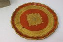 Vintage Red And Gold Decorated Wood Pie Crust Serving Tray