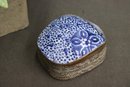 Chinese Embossed Copper Alloy Trinket Box With  Porcelain Blue And White Top
