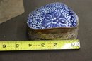 Chinese Embossed Copper Alloy Trinket Box With  Porcelain Blue And White Top