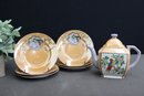 Group Lot Of Japanese Lusterware Teapot And Six Matching Plates