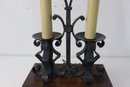 Vintage Two Candle Wrought Iron And Wood Desk Lamp With Tapered Rectangle Shade